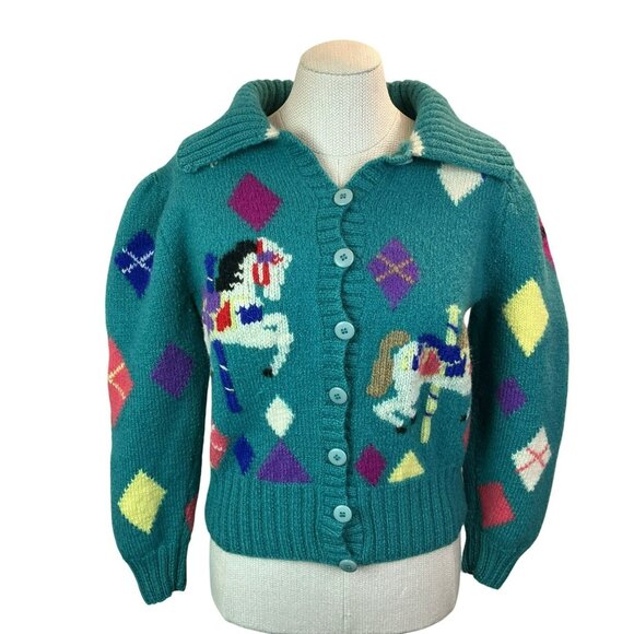 Berek Hand-Knit 100% Wool Cardigan Sweater Carousel Horse Pattern Button-UpWomen - Picture 2 of 10